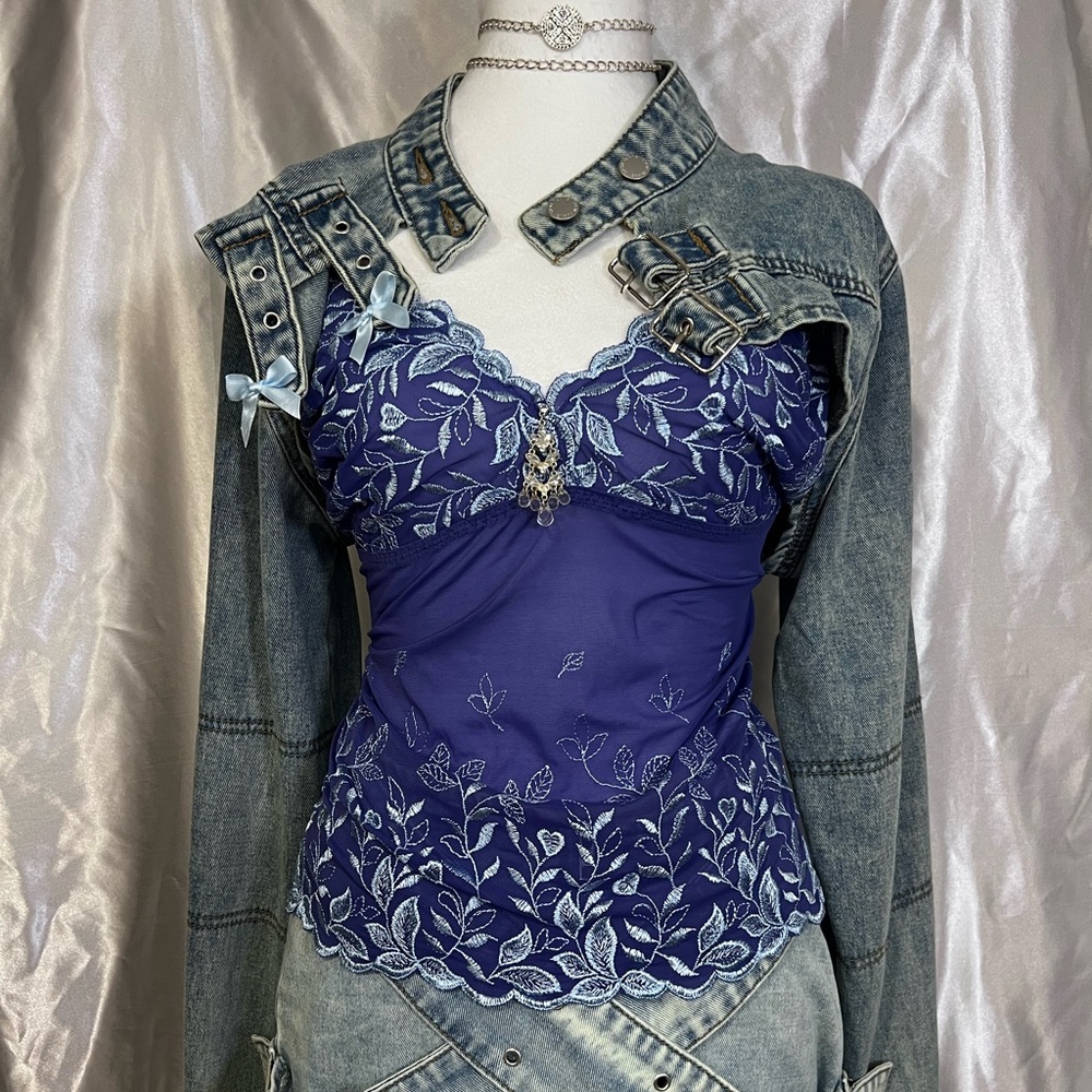 Vintage y2k embroidery cami top see through sheer leaves floral lingerie top